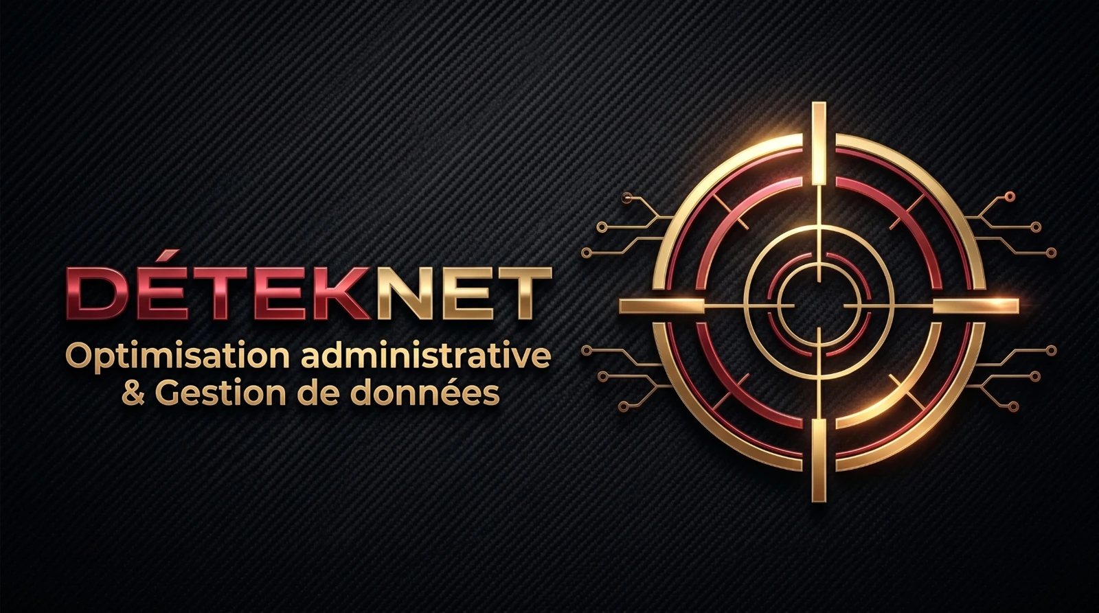 Déteknet — Optimisation administrative et gestion de données, visuel rouge et or sur fond noir